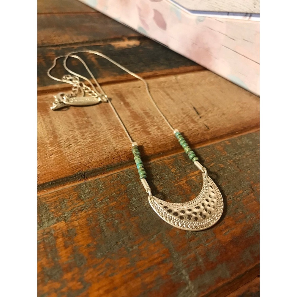 Silver Tone Crescent Moon Hammered Pendant Necklace with Turquoise Beads Boho - Picture 4 of 4